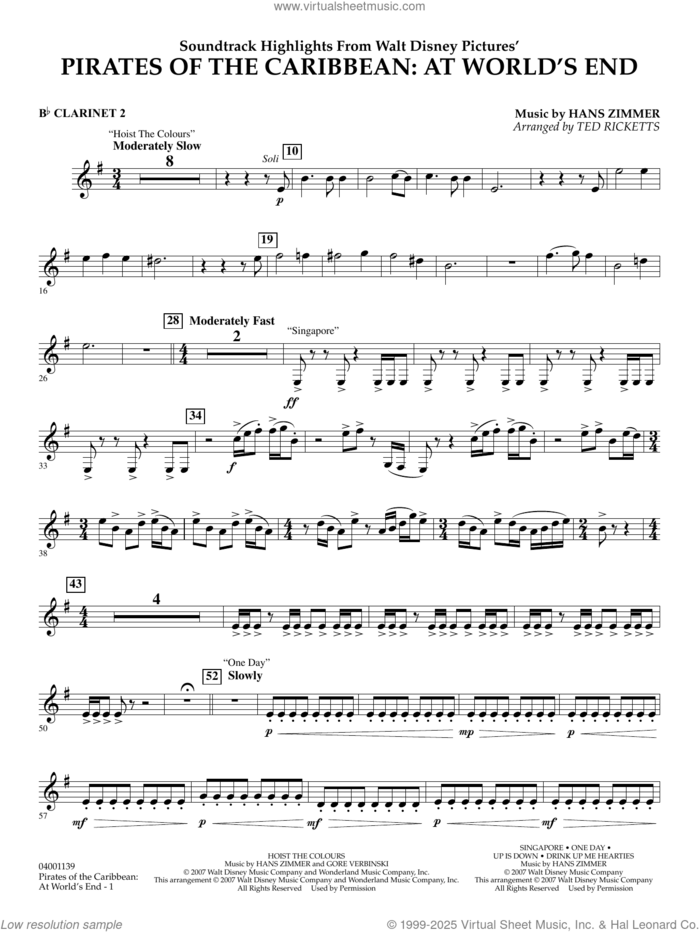 Pirates of the Caribbean: At World's End (Soundtrack Highlights) sheet music for concert band (Bb clarinet 2) by Hans Zimmer and Ted Ricketts, intermediate skill level