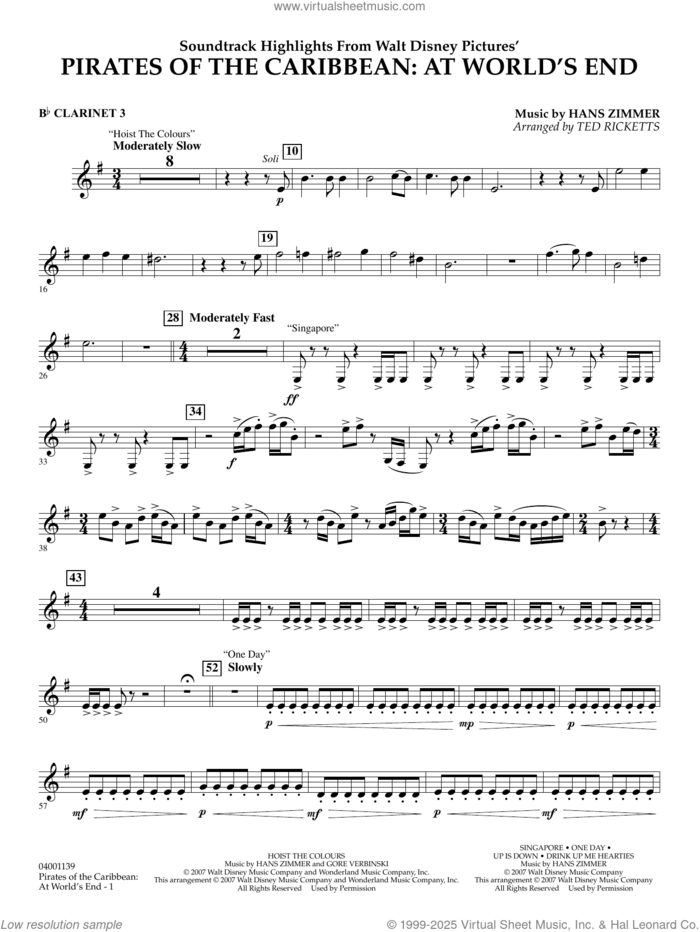Pirates of the Caribbean: At World's End (Soundtrack Highlights) sheet music for concert band (Bb clarinet 3) by Hans Zimmer and Ted Ricketts, intermediate skill level