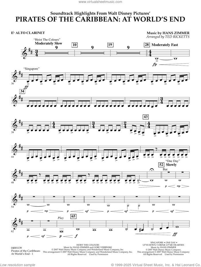 Pirates of the Caribbean: At World's End (Soundtrack Highlights) sheet music for concert band (Eb alto clarinet) by Hans Zimmer and Ted Ricketts, intermediate skill level