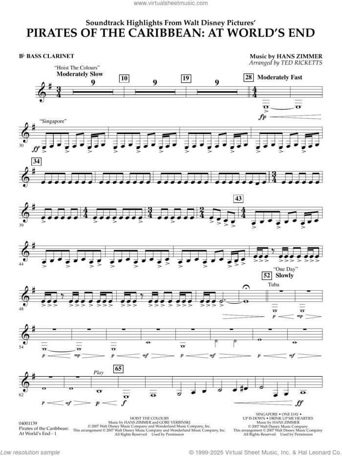 Pirates of the Caribbean: At World's End (Soundtrack Highlights) sheet music for concert band (Bb bass clarinet) by Hans Zimmer and Ted Ricketts, intermediate skill level