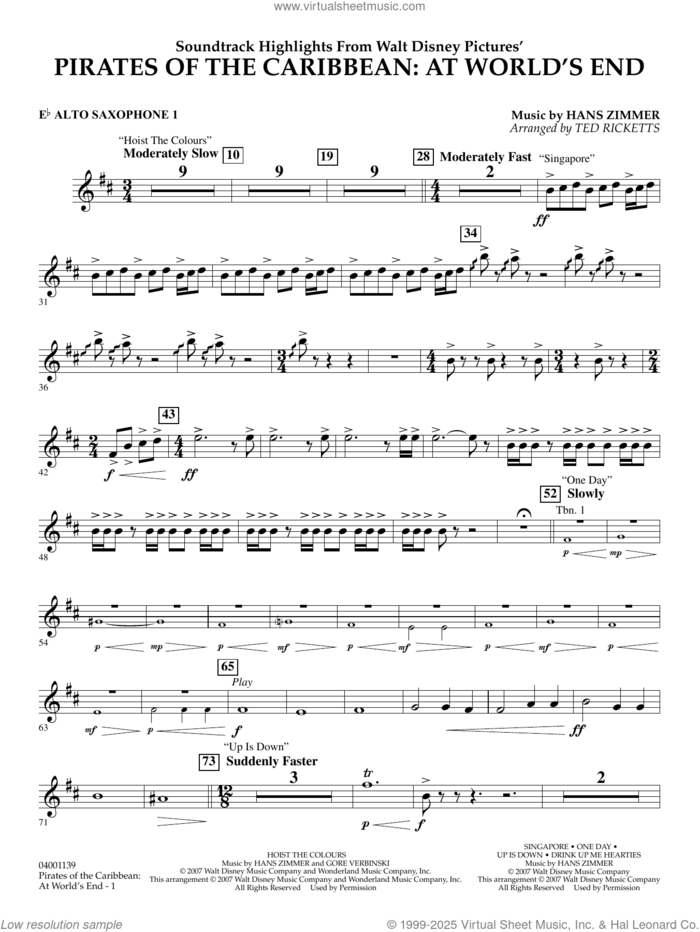 Pirates of the Caribbean: At World's End (Soundtrack Highlights) sheet music for concert band (Eb alto saxophone 1) by Hans Zimmer and Ted Ricketts, intermediate skill level