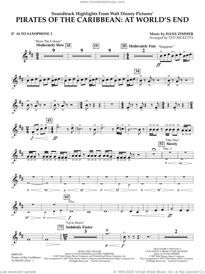 Pirates of the Caribbean: At World's End (Soundtrack Highlights) sheet music for concert band (Eb alto saxophone 2) by Hans Zimmer and Ted Ricketts, intermediate skill level