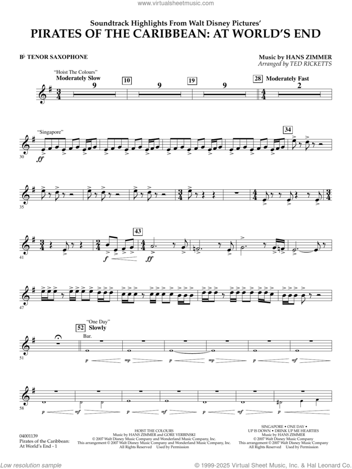 Pirates of the Caribbean: At World's End (Soundtrack Highlights) sheet music for concert band (Bb tenor saxophone) by Hans Zimmer and Ted Ricketts, intermediate skill level