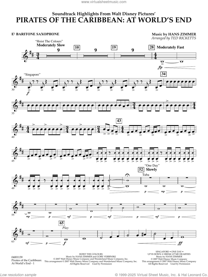 Pirates of the Caribbean: At World's End (Soundtrack Highlights) sheet music for concert band (Eb baritone saxophone) by Hans Zimmer and Ted Ricketts, intermediate skill level