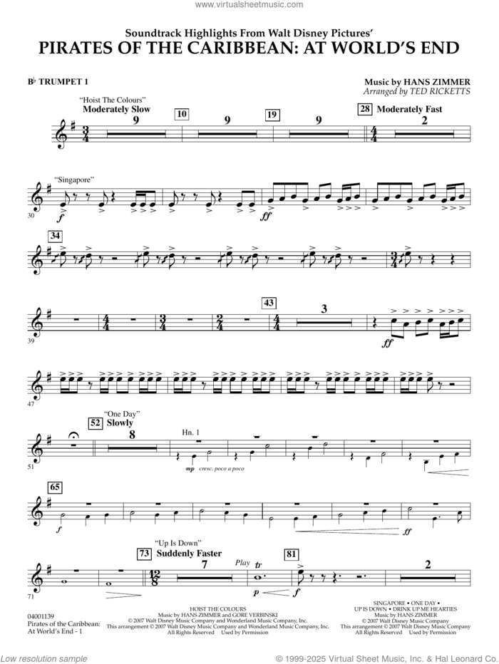 Pirates of the Caribbean: At World's End (Soundtrack Highlights) sheet music for concert band (Bb trumpet 1) by Hans Zimmer and Ted Ricketts, intermediate skill level