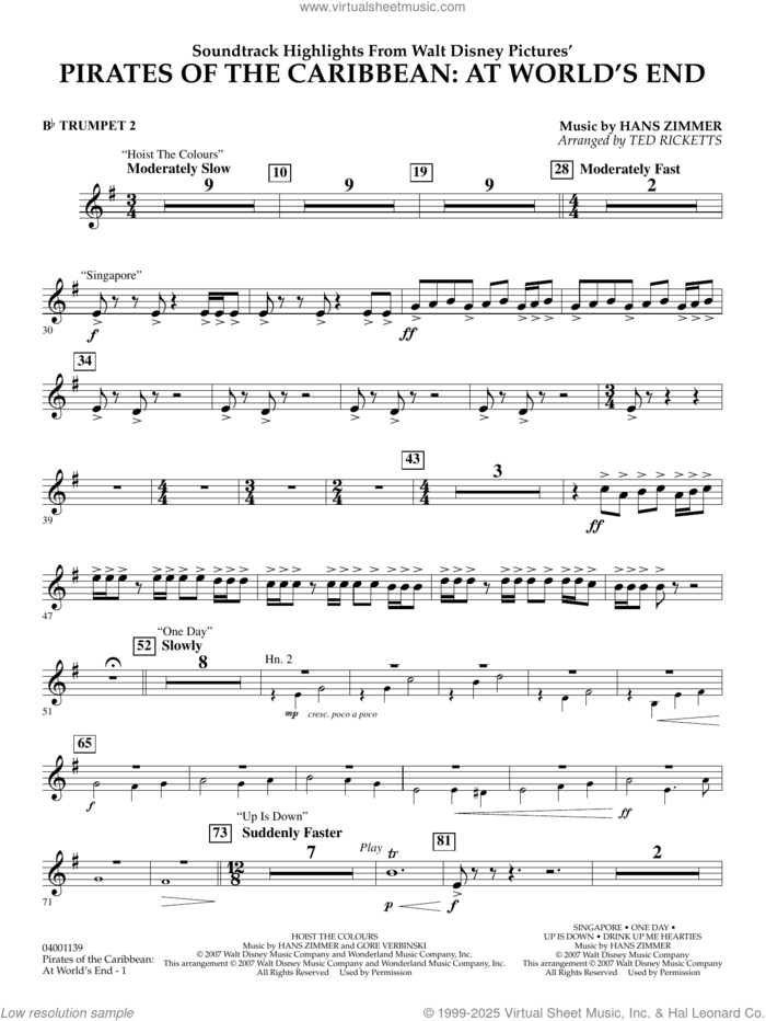 Pirates of the Caribbean: At World's End (Soundtrack Highlights) sheet music for concert band (Bb trumpet 2) by Hans Zimmer and Ted Ricketts, intermediate skill level