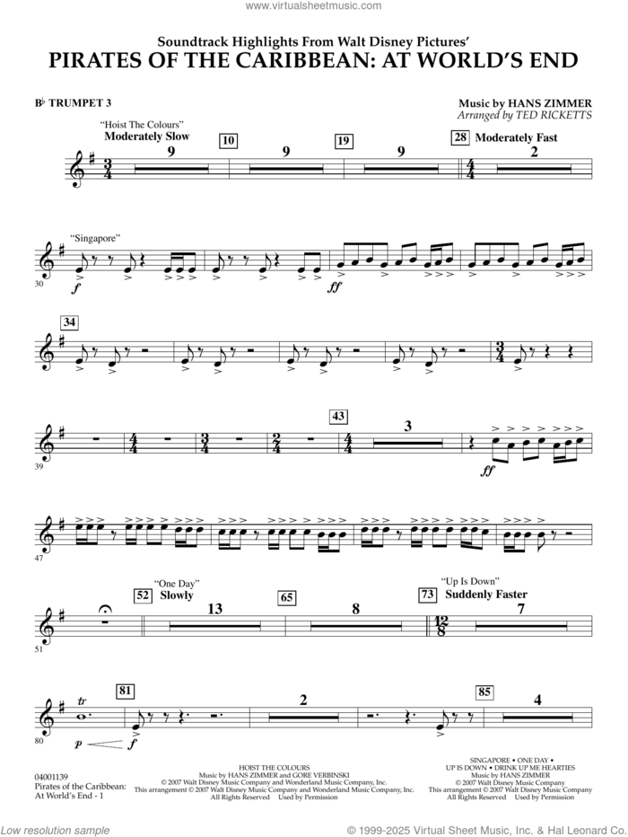Pirates of the Caribbean: At World's End (Soundtrack Highlights) sheet music for concert band (Bb trumpet 3) by Hans Zimmer and Ted Ricketts, intermediate skill level