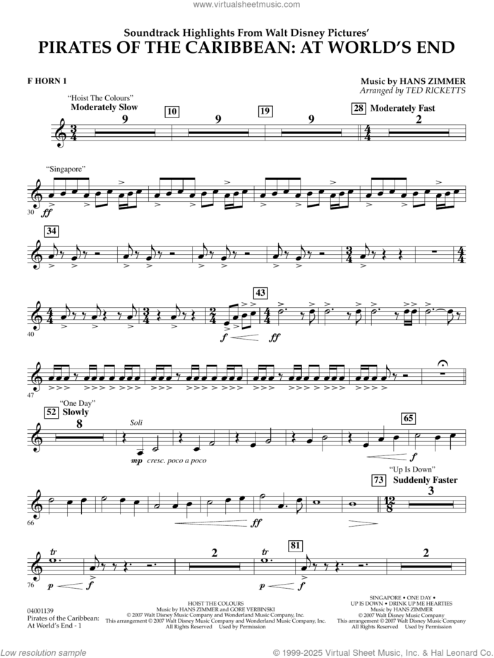 Pirates of the Caribbean: At World's End (Soundtrack Highlights) sheet music for concert band (f horn 1) by Hans Zimmer and Ted Ricketts, intermediate skill level
