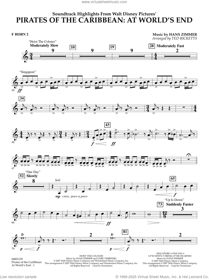 Pirates of the Caribbean: At World's End (Soundtrack Highlights) sheet music for concert band (f horn 2) by Hans Zimmer and Ted Ricketts, intermediate skill level