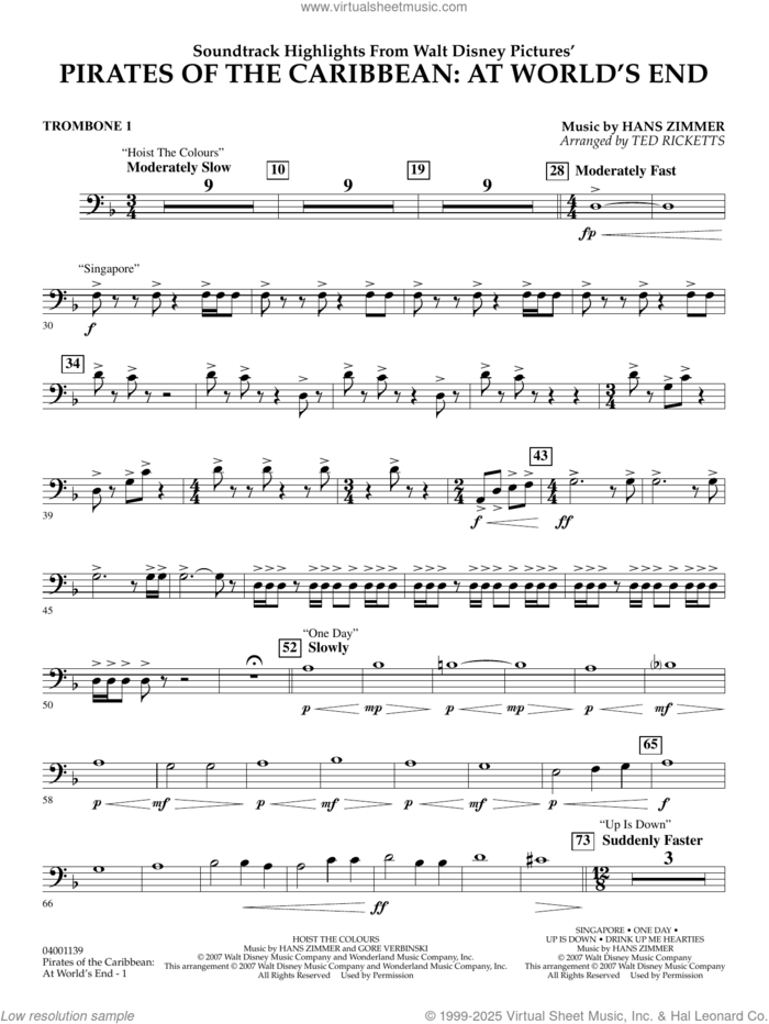 Pirates of the Caribbean: At World's End (Soundtrack Highlights) sheet music for concert band (trombone 1) by Hans Zimmer and Ted Ricketts, intermediate skill level