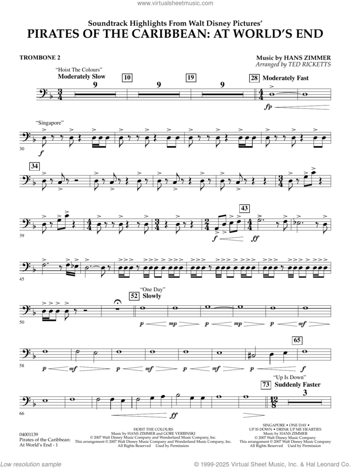 Pirates of the Caribbean: At World's End (Soundtrack Highlights) sheet music for concert band (trombone 2) by Hans Zimmer and Ted Ricketts, intermediate skill level
