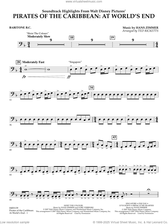 Pirates of the Caribbean: At World's End (Soundtrack Highlights) sheet music for concert band (baritone b.c.) by Hans Zimmer and Ted Ricketts, intermediate skill level