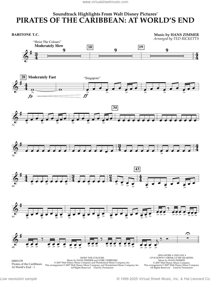 Pirates of the Caribbean: At World's End (Soundtrack Highlights) sheet music for concert band (baritone t.c.) by Hans Zimmer and Ted Ricketts, intermediate skill level