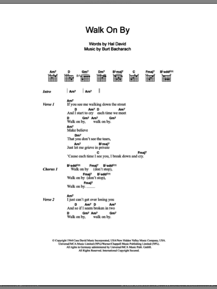 Walk On By sheet music for guitar (chords) by Dionne Warwick, Burt Bacharach and Hal David, intermediate skill level