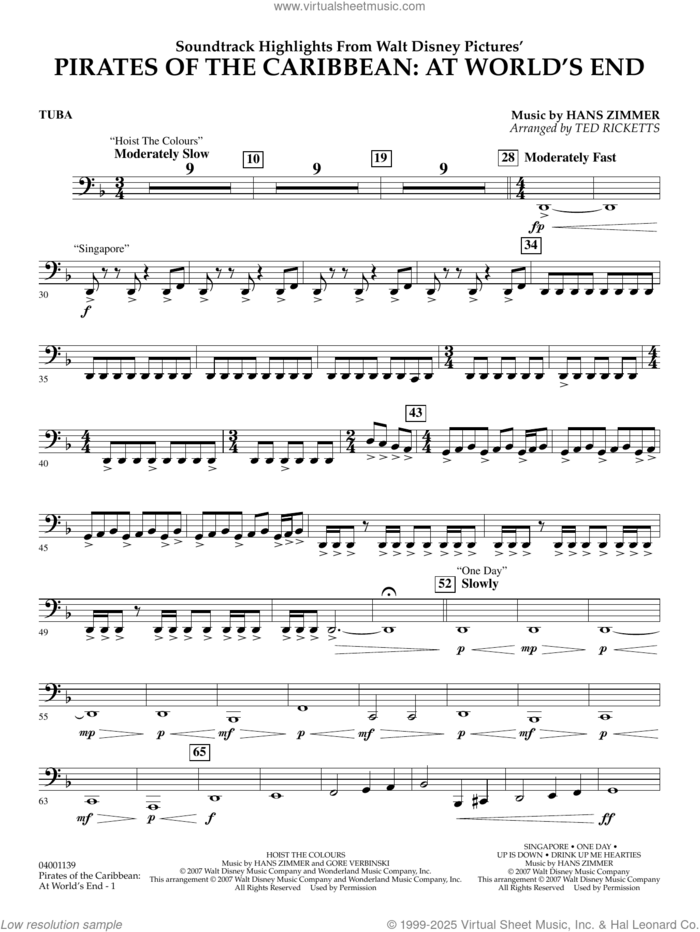 Pirates of the Caribbean: At World's End (Soundtrack Highlights) sheet music for concert band (tuba) by Hans Zimmer and Ted Ricketts, intermediate skill level