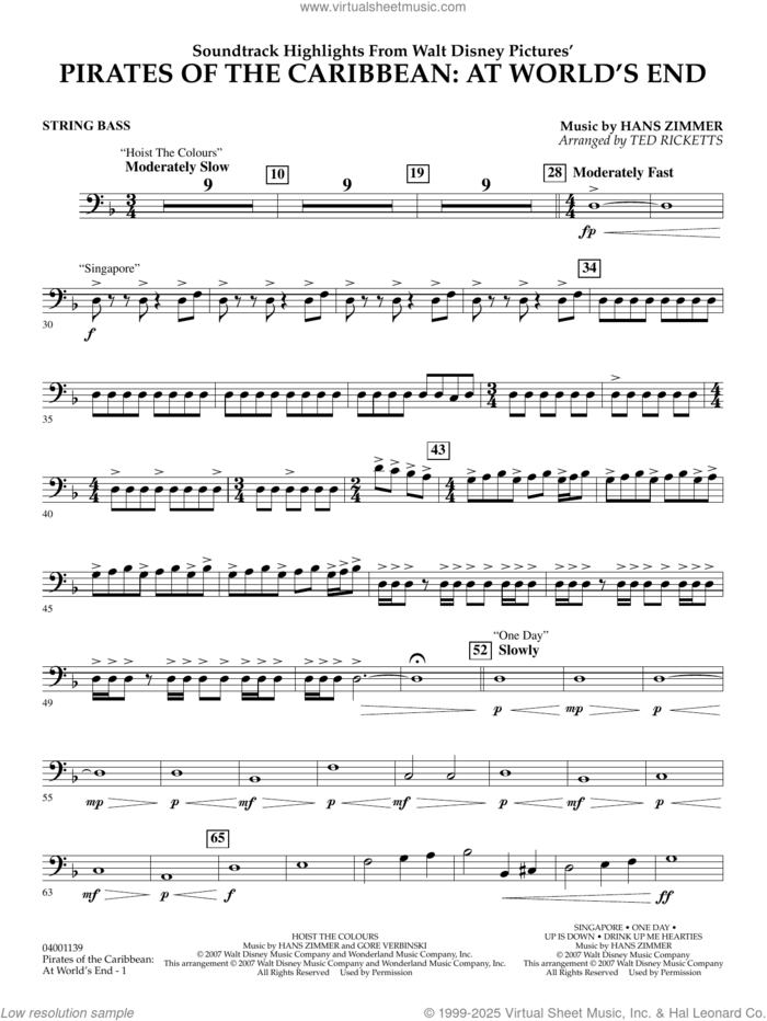 Pirates of the Caribbean: At World's End (Soundtrack Highlights) sheet music for concert band (string bass) by Hans Zimmer and Ted Ricketts, intermediate skill level