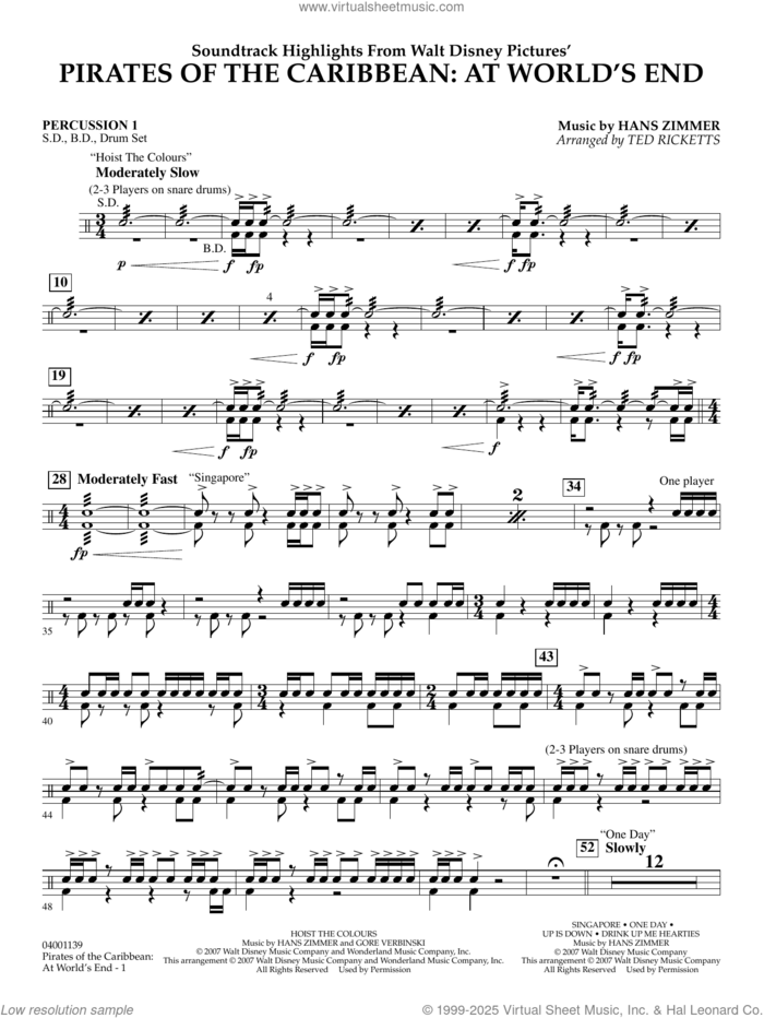 Pirates of the Caribbean: At World's End (Soundtrack Highlights) sheet music for concert band (percussion 1) by Hans Zimmer and Ted Ricketts, intermediate skill level
