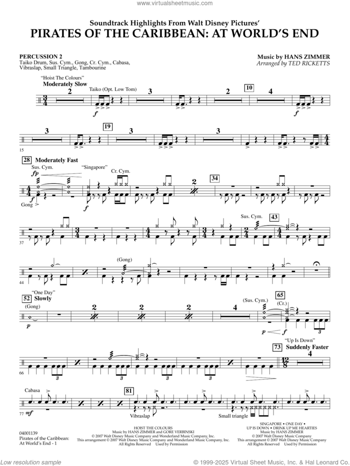 Pirates of the Caribbean: At World's End (Soundtrack Highlights) sheet music for concert band (percussion 2) by Hans Zimmer and Ted Ricketts, intermediate skill level