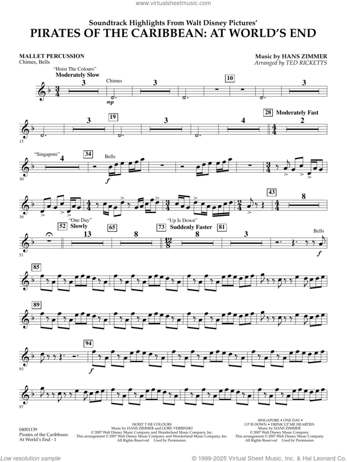 Pirates of the Caribbean: At World's End (Soundtrack Highlights) sheet music for concert band (mallet percussion) by Hans Zimmer and Ted Ricketts, intermediate skill level