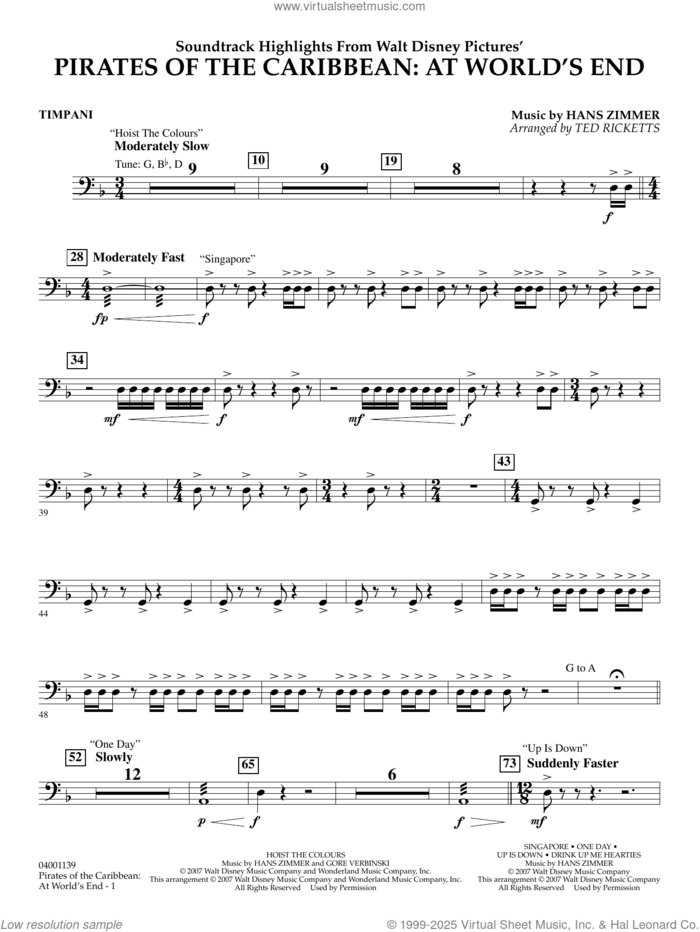 Pirates of the Caribbean: At World's End (Soundtrack Highlights) sheet music for concert band (timpani) by Hans Zimmer and Ted Ricketts, intermediate skill level