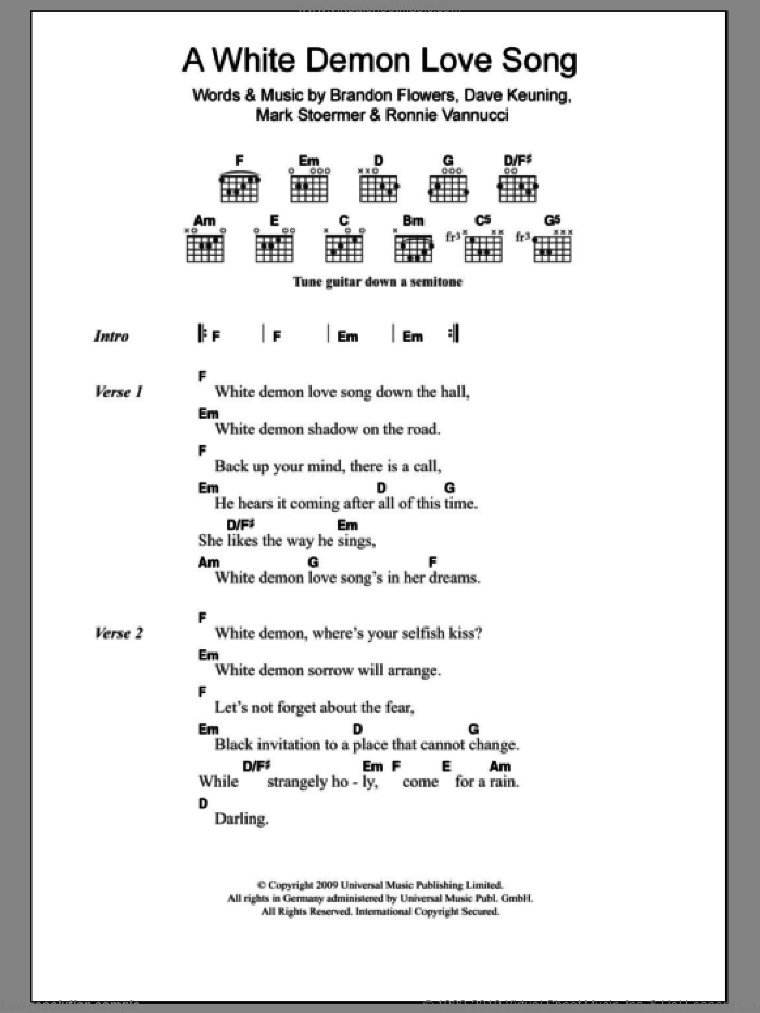 A White Demon Love Song sheet music for guitar (chords) by The Killers, Brandon Flowers, Dave Keuning, Mark Stoermer and Ronnie Vannucci, intermediate skill level