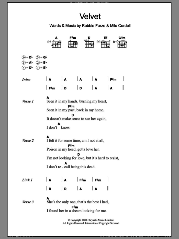 Velvet sheet music for guitar (chords) by The Big Pink, Milo Cordell and Robbie Furze, intermediate skill level