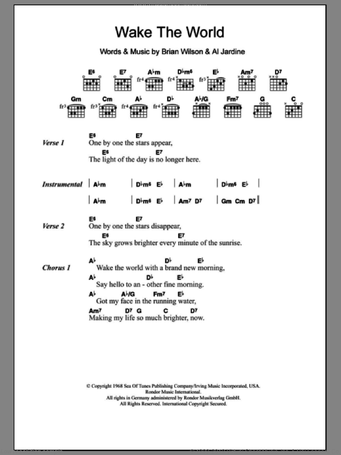 Wake The World sheet music for guitar (chords) by The Beach Boys, Al Jardine and Brian Wilson, intermediate skill level