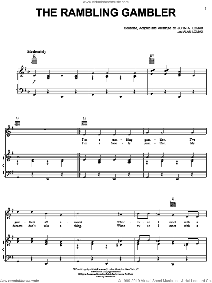 The Rambling Gambler sheet music for voice, piano or guitar by John A. Lomax, intermediate skill level