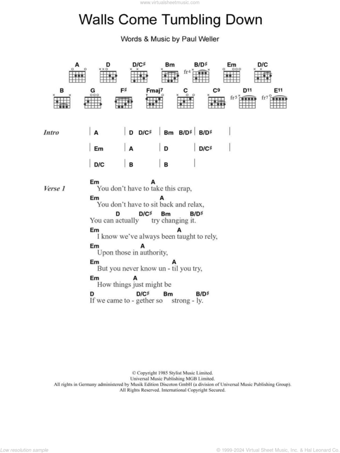 Walls Come Tumbling Down sheet music for guitar (chords) by The Style Council and Paul Weller, intermediate skill level