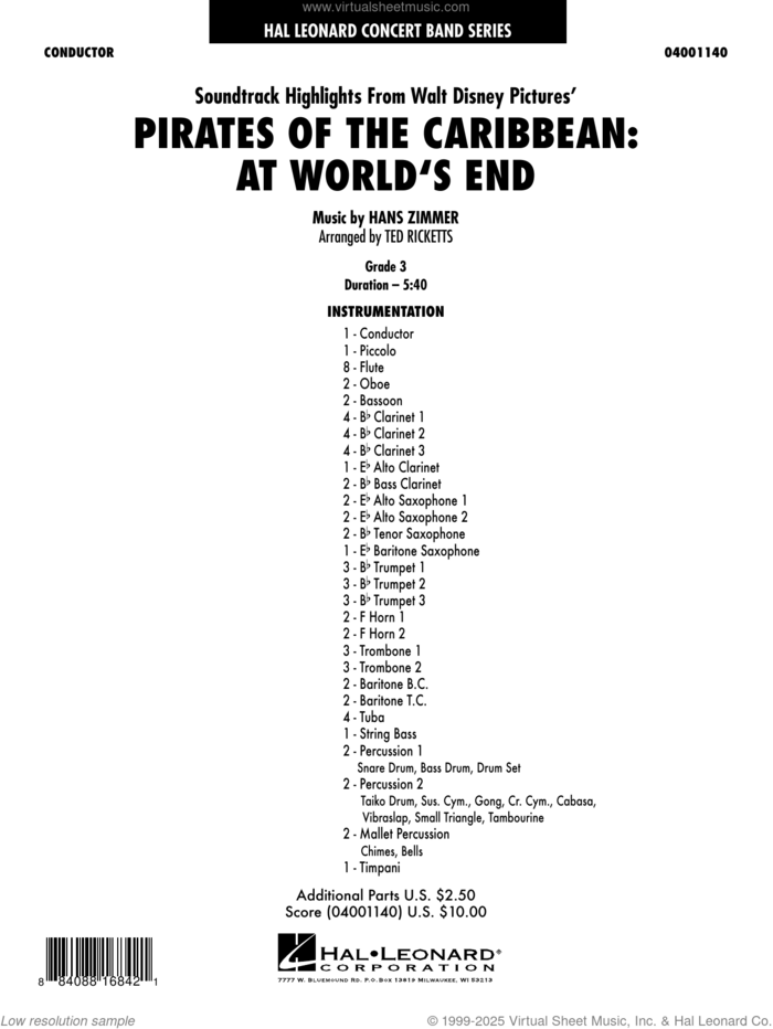 Pirates of the Caribbean: At World's End (Soundtrack Highlights) (arr. Ricketts) (COMPLETE) sheet music for concert band by Hans Zimmer and Ted Ricketts, intermediate skill level