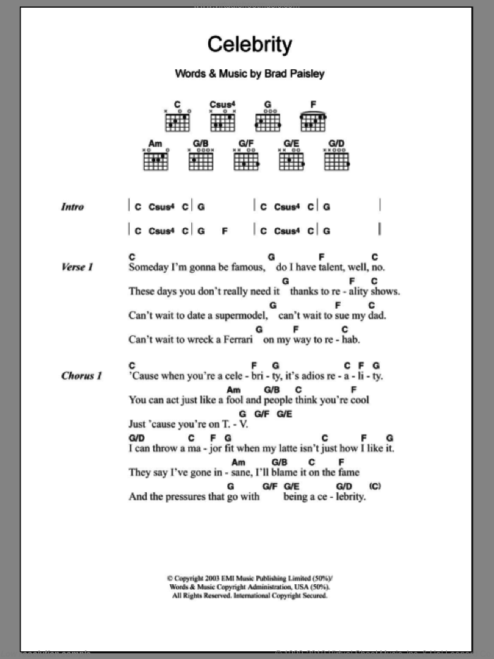 Celebrity sheet music for guitar (chords) by Brad Paisley, intermediate skill level