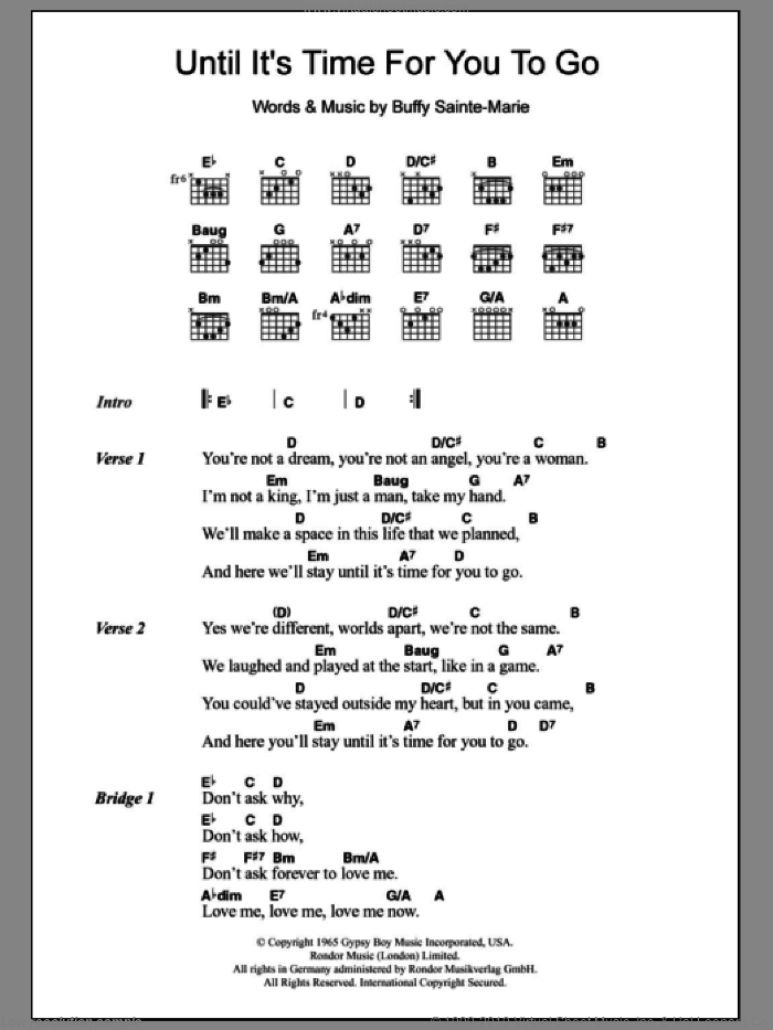 Until It's Time For You To Go sheet music for guitar (chords) by Buffy Sainte-Marie, intermediate skill level