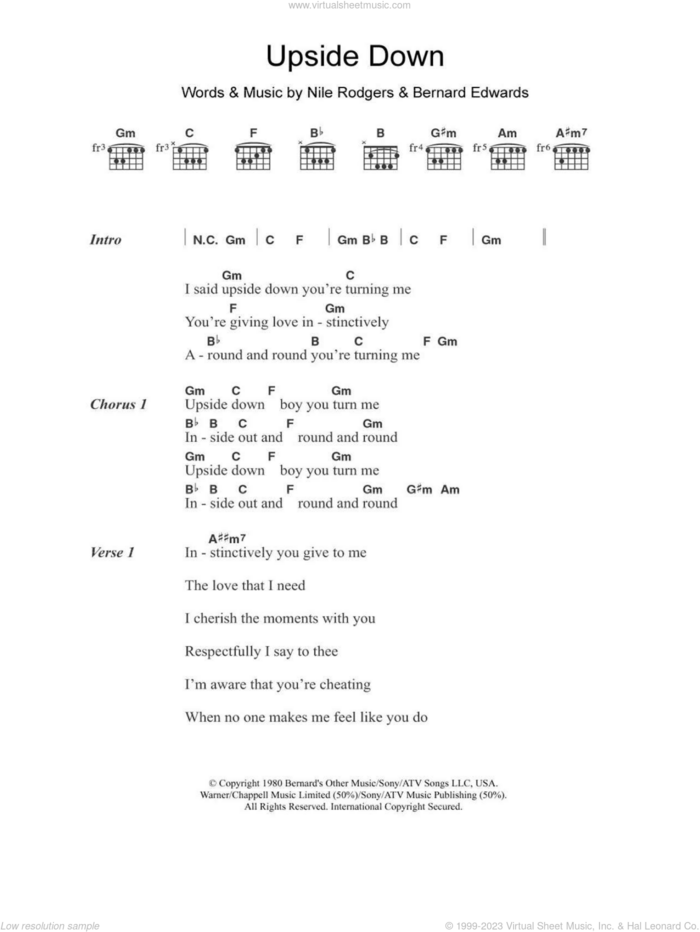 Upside Down sheet music for guitar (chords) by Diana Ross, Bernard Edwards and Nile Rodgers, intermediate skill level