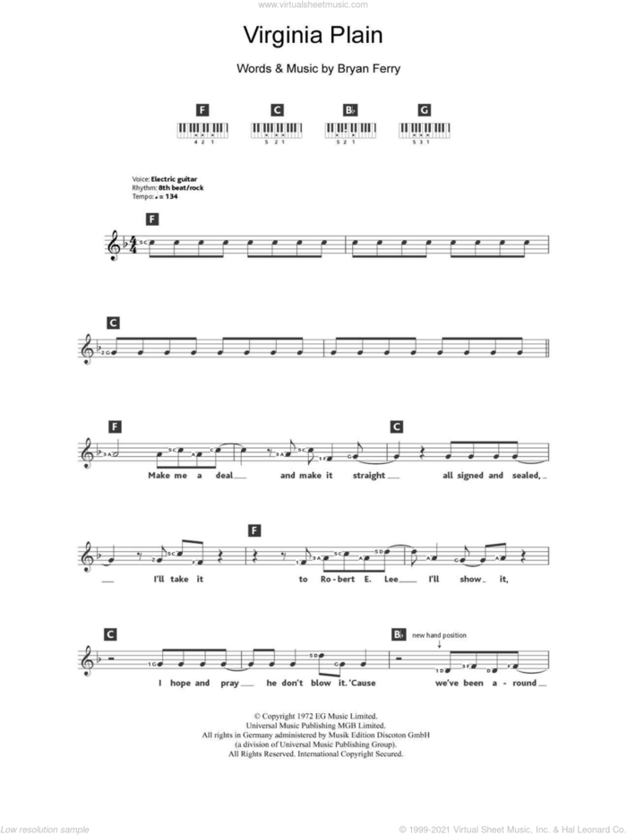 Virginia Plain sheet music for piano solo (chords, lyrics, melody) by Roxy Music and Bryan Ferry, intermediate piano (chords, lyrics, melody)
