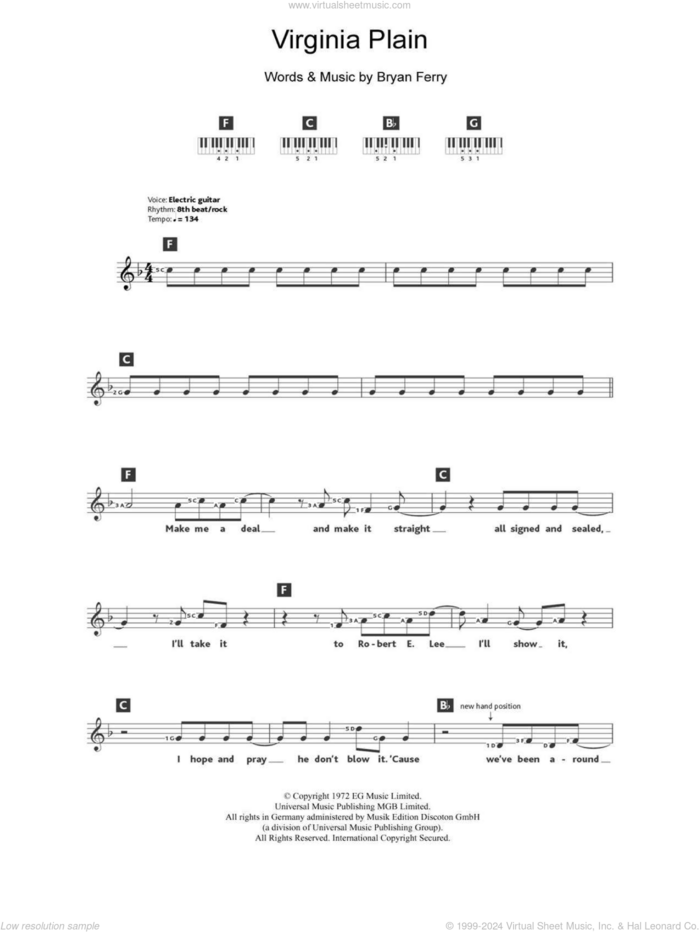 Virginia Plain sheet music for piano solo (chords, lyrics, melody) by Roxy Music and Bryan Ferry, intermediate piano (chords, lyrics, melody)