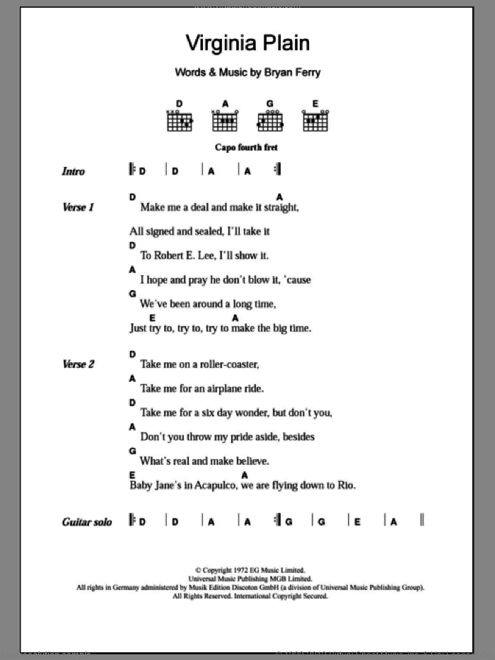 Virginia Plain sheet music for guitar (chords) by Roxy Music and Bryan Ferry, intermediate skill level