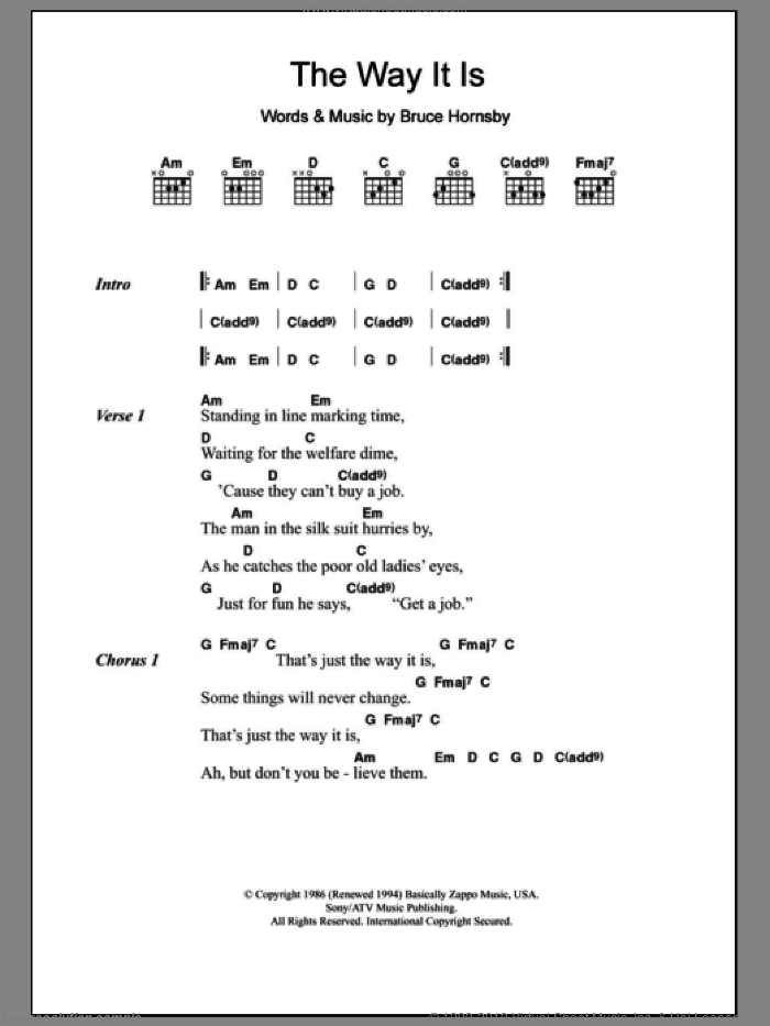 The Way It Is sheet music for guitar (chords) by Bruce Hornsby, intermediate skill level