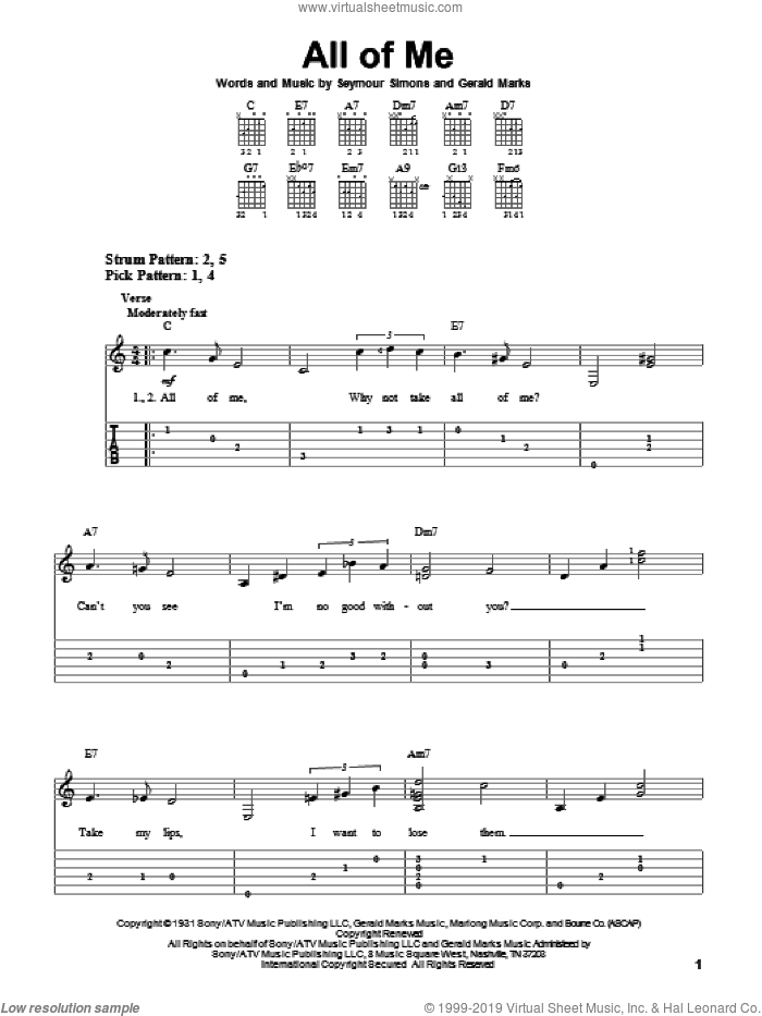 All Of Me sheet music for guitar solo (easy tablature) by Frank Sinatra, Gerald Marks and Seymour Simons, easy guitar (easy tablature)