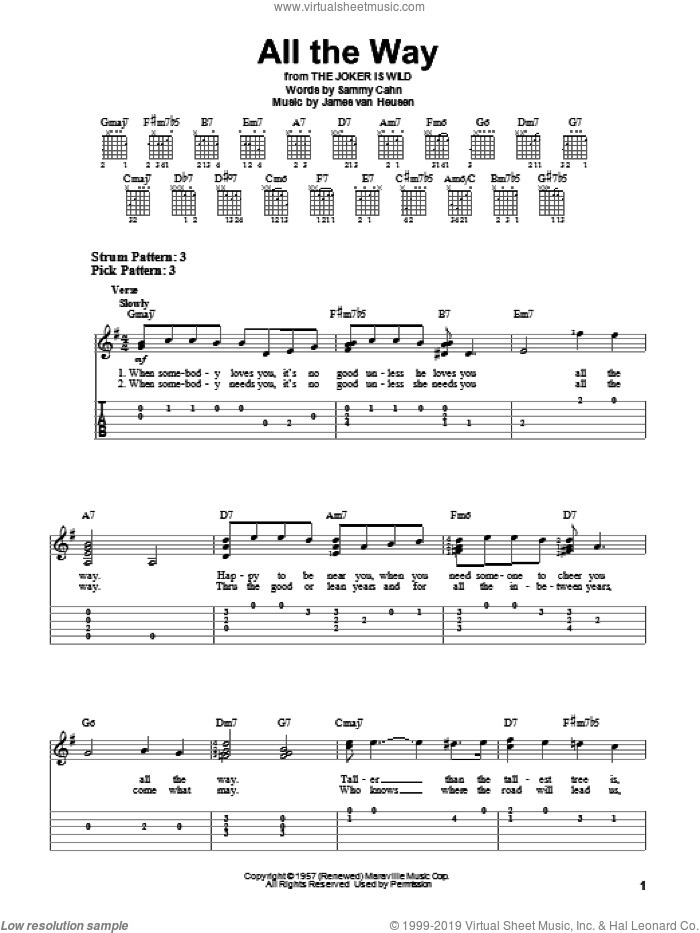 All The Way sheet music for guitar solo (easy tablature) by Frank Sinatra, Kenny G, Jimmy van Heusen and Sammy Cahn, easy guitar (easy tablature)