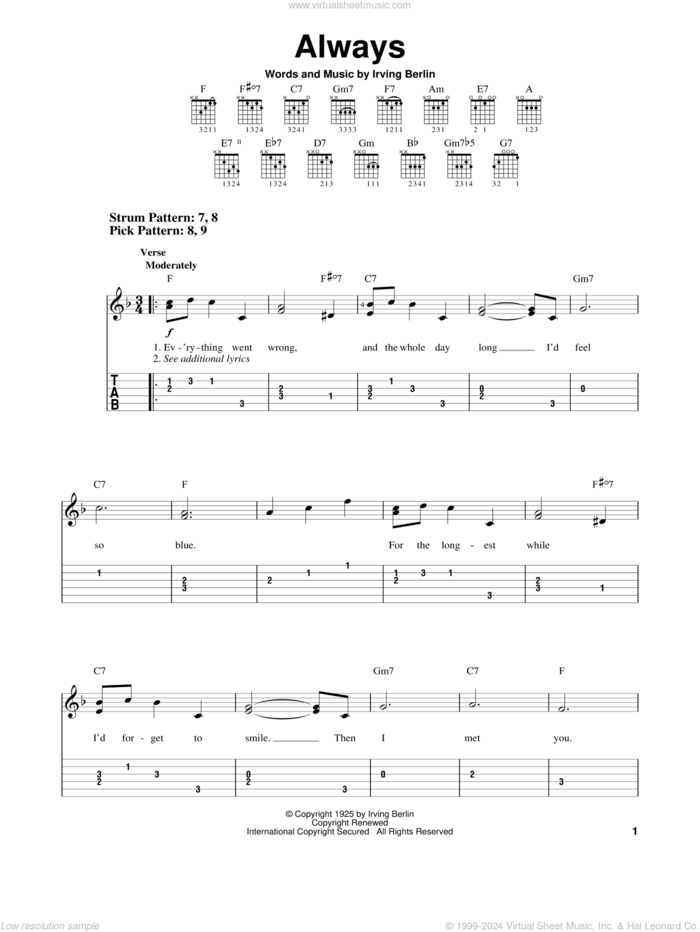 Always sheet music for guitar solo (easy tablature) by Irving Berlin, Billie Holiday, Frank Sinatra and Patsy Cline, easy guitar (easy tablature)
