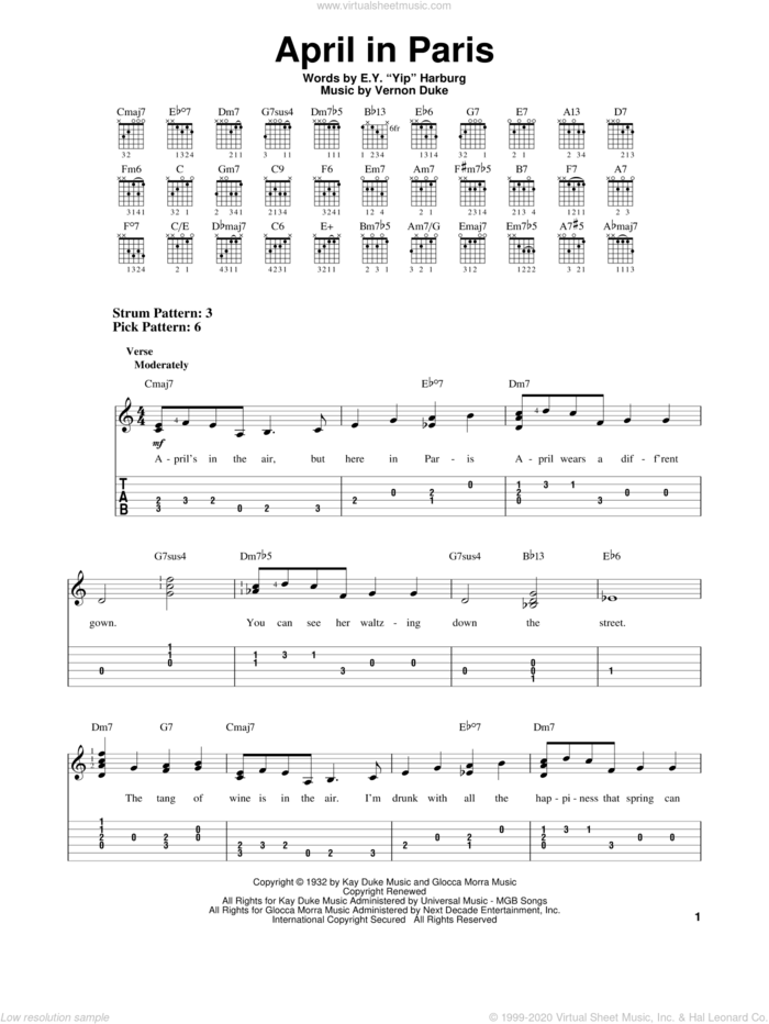 April In Paris sheet music for guitar solo (easy tablature) by Count Basie, Coleman Hawkins, Modernaires, E.Y. Harburg and Vernon Duke, easy guitar (easy tablature)