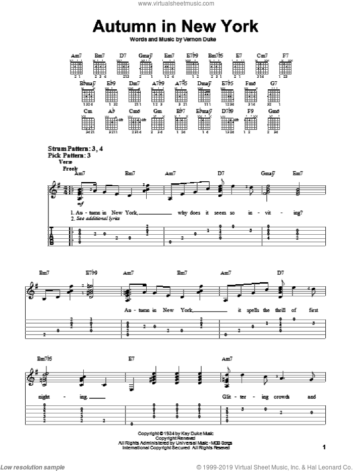 Autumn In New York sheet music for guitar solo (easy tablature) by Vernon Duke, Bud Powell and Jo Stafford, easy guitar (easy tablature)
