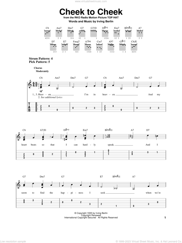 Cheek To Cheek sheet music for guitar solo (easy tablature) by Irving Berlin and Fred Astaire, easy guitar (easy tablature)