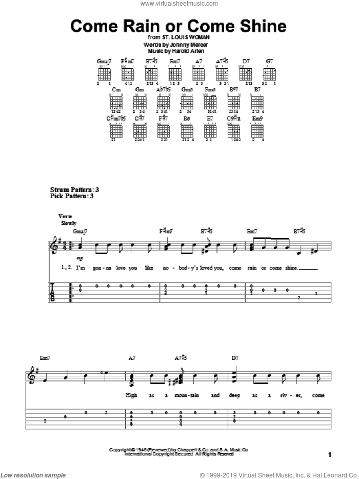 Come Rain Or Come Shine sheet music for guitar solo (easy tablature) by Harold Arlen and Johnny Mercer, easy guitar (easy tablature)