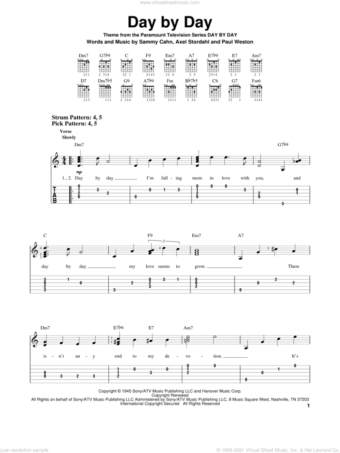 Day By Day sheet music for guitar solo (easy tablature) by Frank Sinatra, Axel Stordahl, Paul Weston and Sammy Cahn, wedding score, easy guitar (easy tablature)