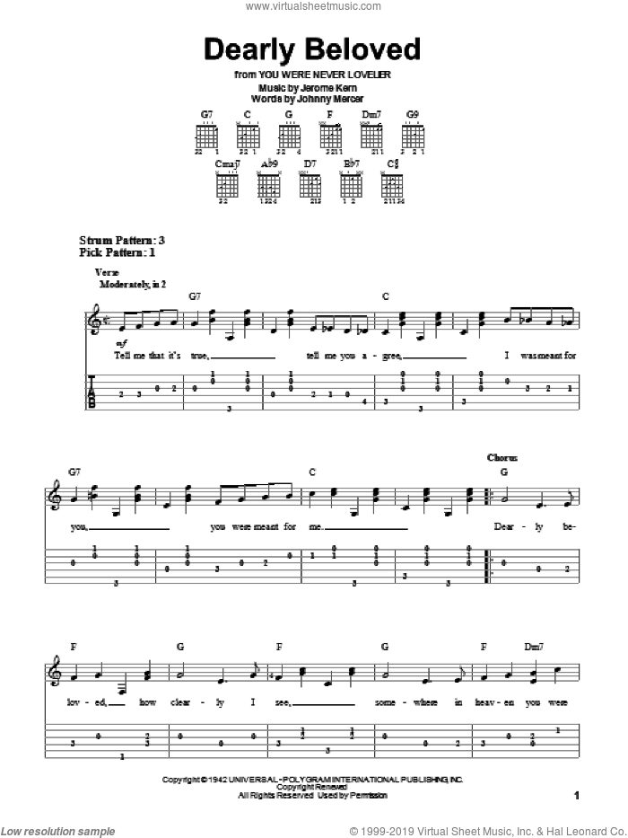Dearly Beloved sheet music for guitar solo (easy tablature) by Jerome Kern and Johnny Mercer, easy guitar (easy tablature)