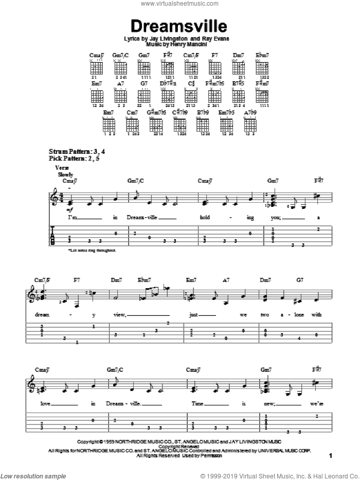 Dreamsville sheet music for guitar solo (easy tablature) by Henry Mancini, Jay Livingston and Ray Evans, easy guitar (easy tablature)