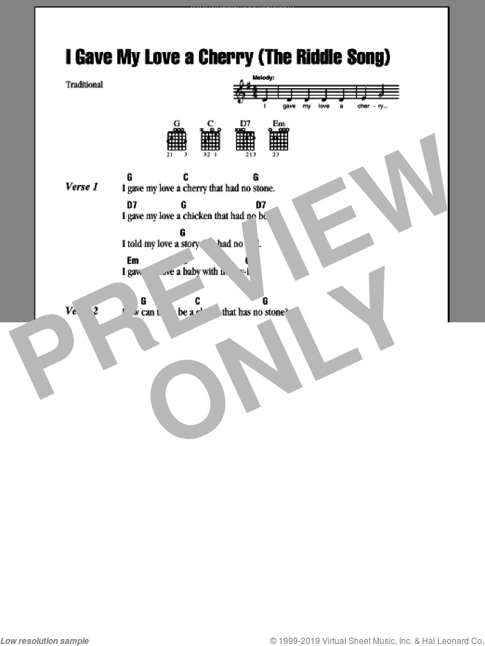 I Gave My Love A Cherry (The Riddle Song) sheet music for guitar (chords), intermediate skill level