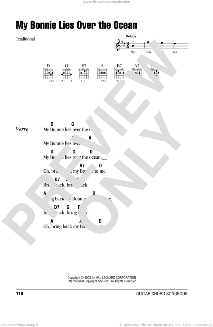 My Bonnie Lies Over The Ocean sheet music for guitar (chords), intermediate skill level