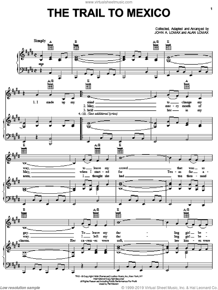 The Trail To Mexico sheet music for voice, piano or guitar by John A. Lomax, intermediate skill level